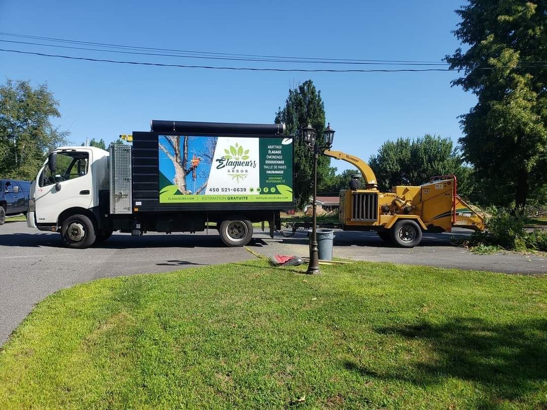 Camion de service arboricole stationné dans un quartier résidentiel avec équipement d’abattage