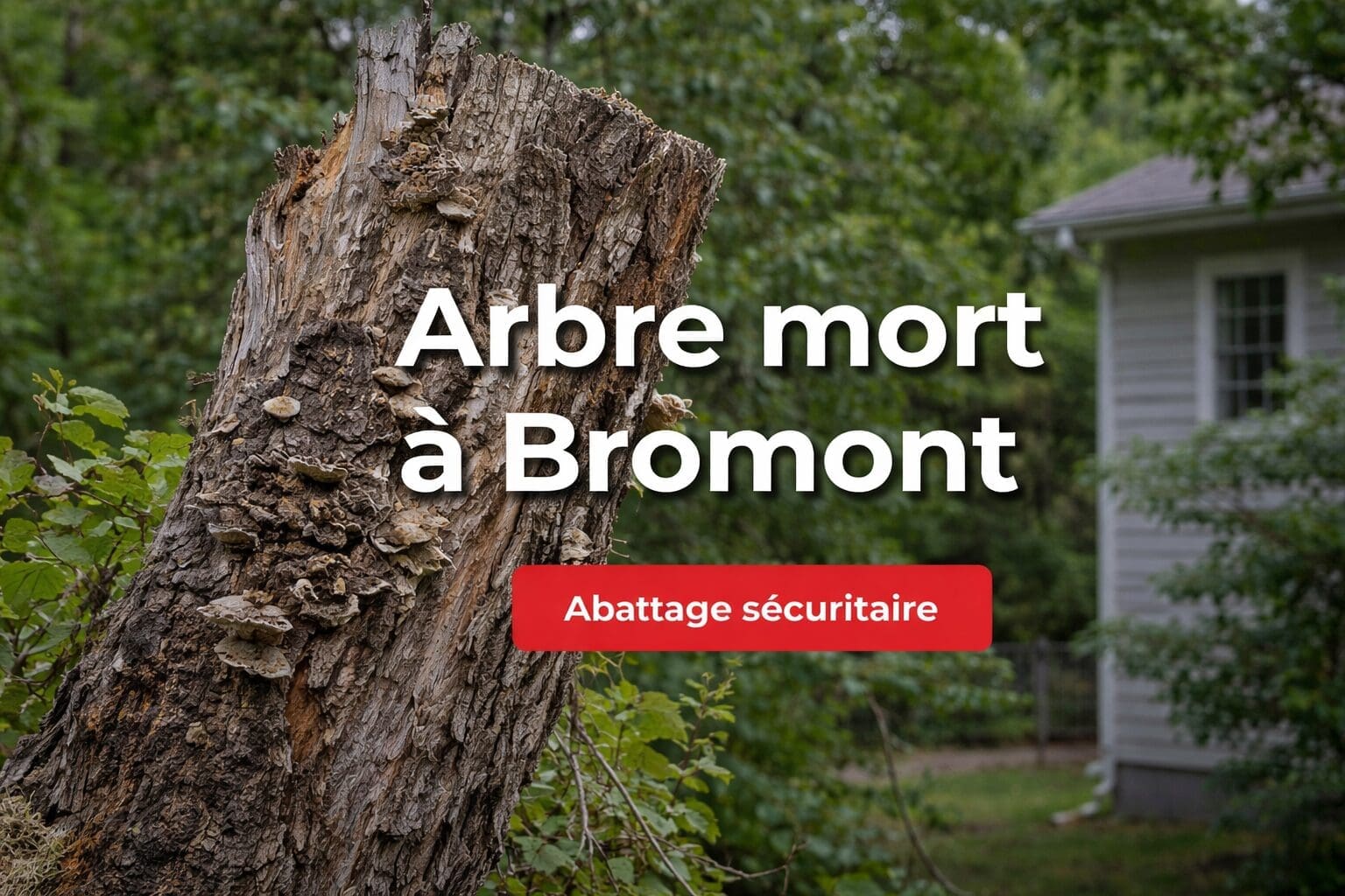 Arbre mort à Bromont avec tronc endommagé et champignons nécessitant un abattage sécuritaire