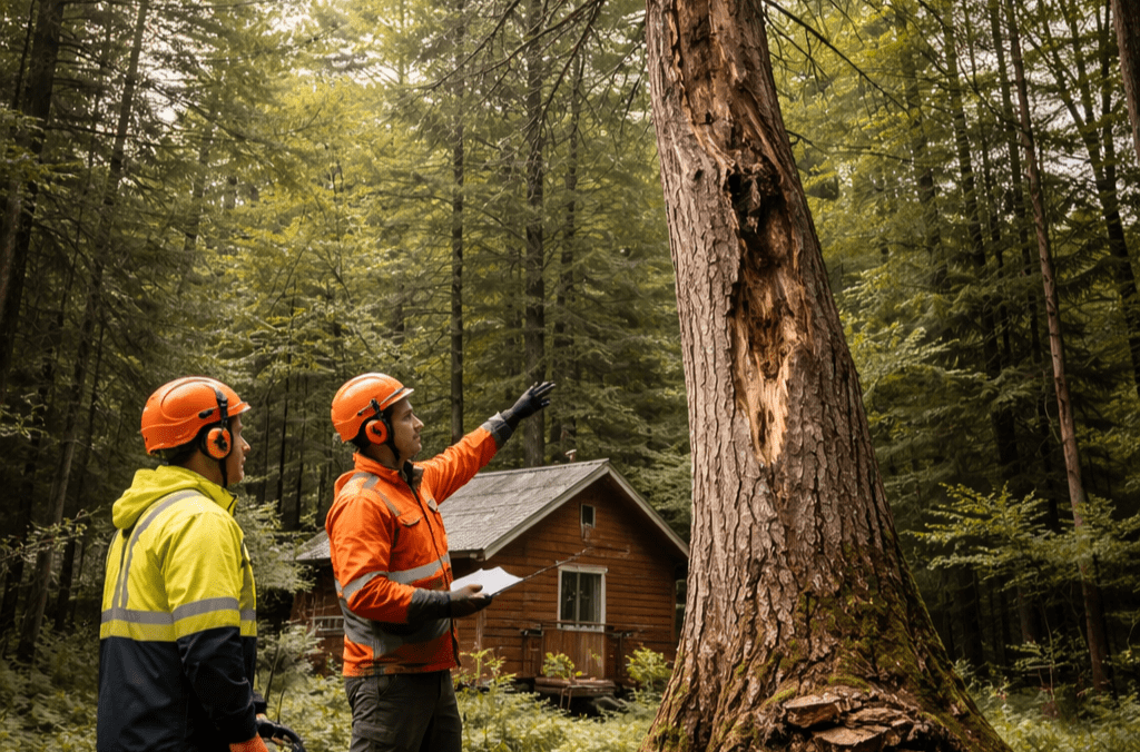 Arboriculteurs inspectant un arbre mort à Eastman en forêt près d’un chalet