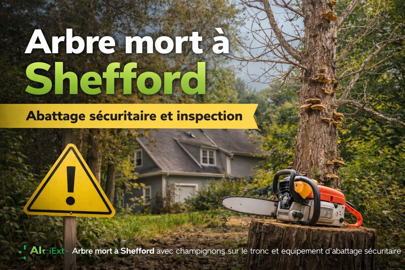Arbre mort à Shefford avec champignons sur le tronc près d’une maison nécessitant un abattage sécuritaire