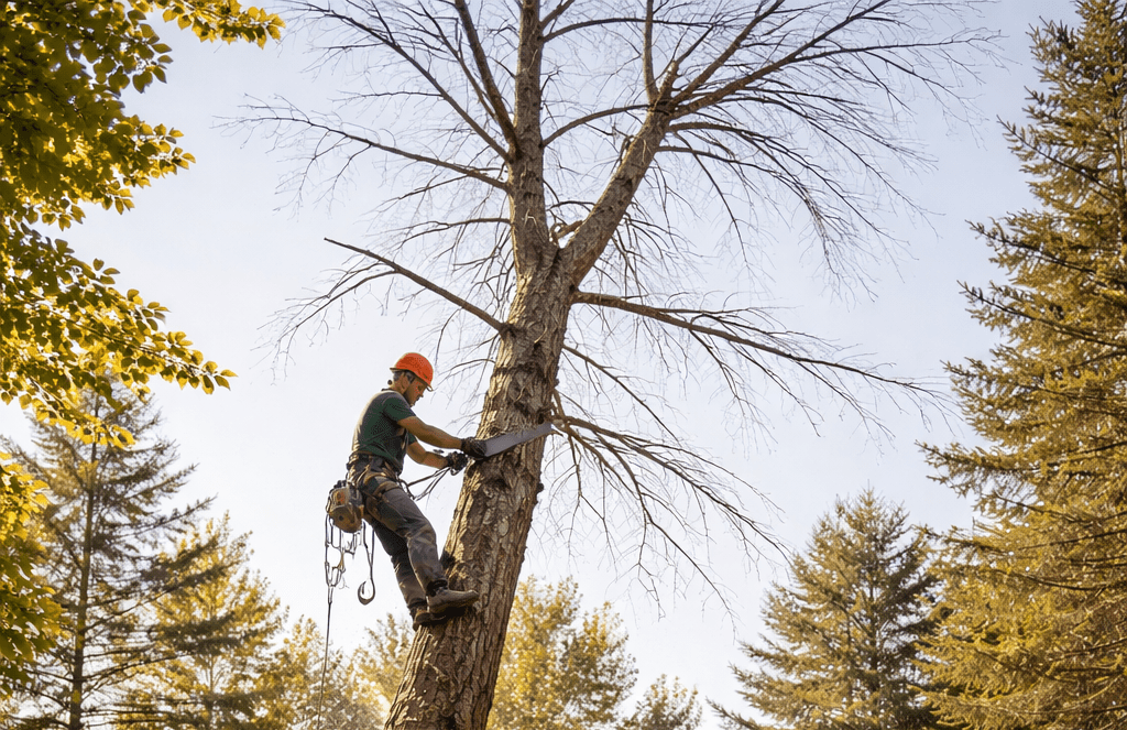 Arboriculteur coupant un arbre mort à Sutton en hauteur avec équipement de sécurité