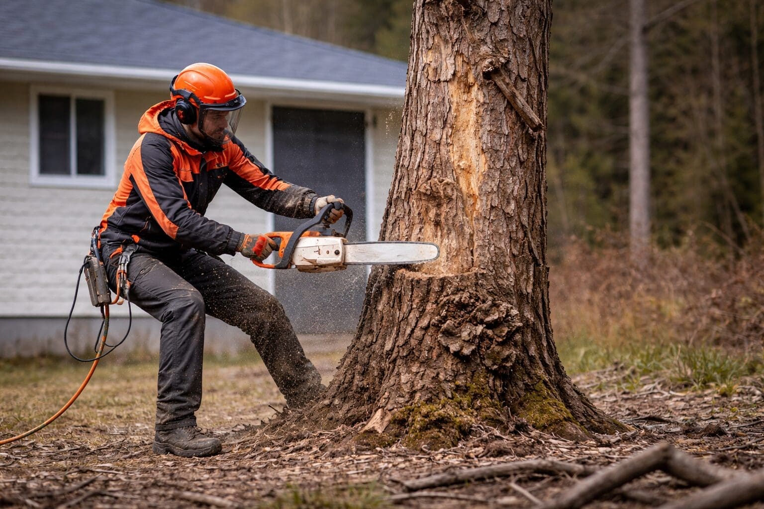 Arboriculteur coupant un arbre mort à Lac-Brome avec une scie mécanique depuis le sol