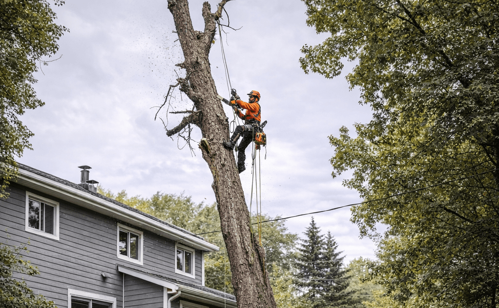 Arboriculteurs coupant un arbre mort à Waterloo près d’une maison en milieu résidentiel