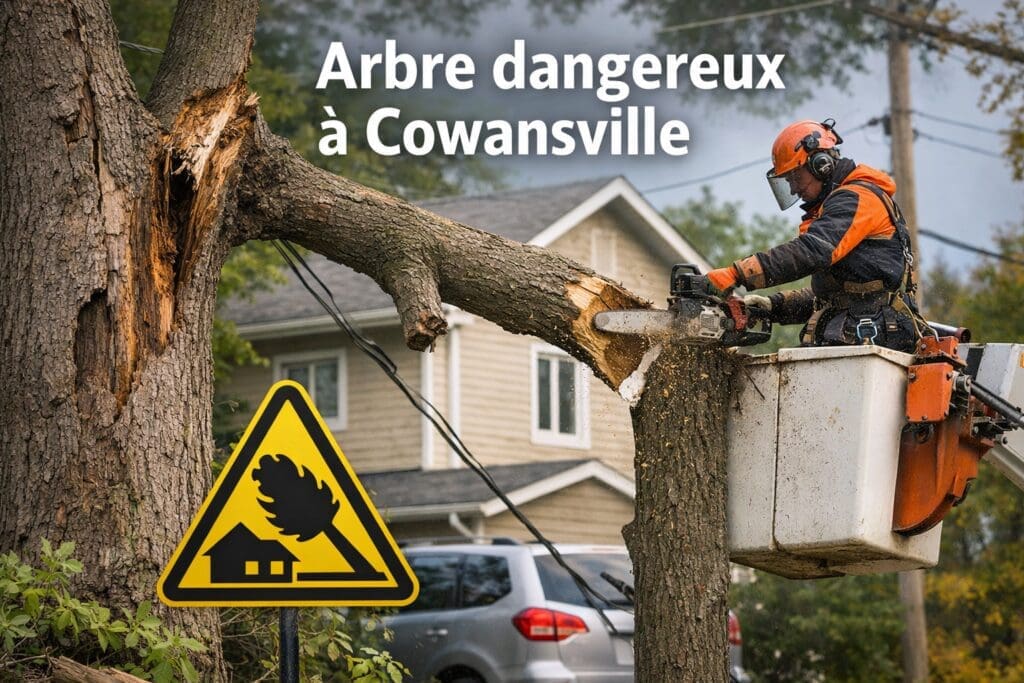 Arboriste en train de couper un arbre dangereux à Cowansville près d’une maison