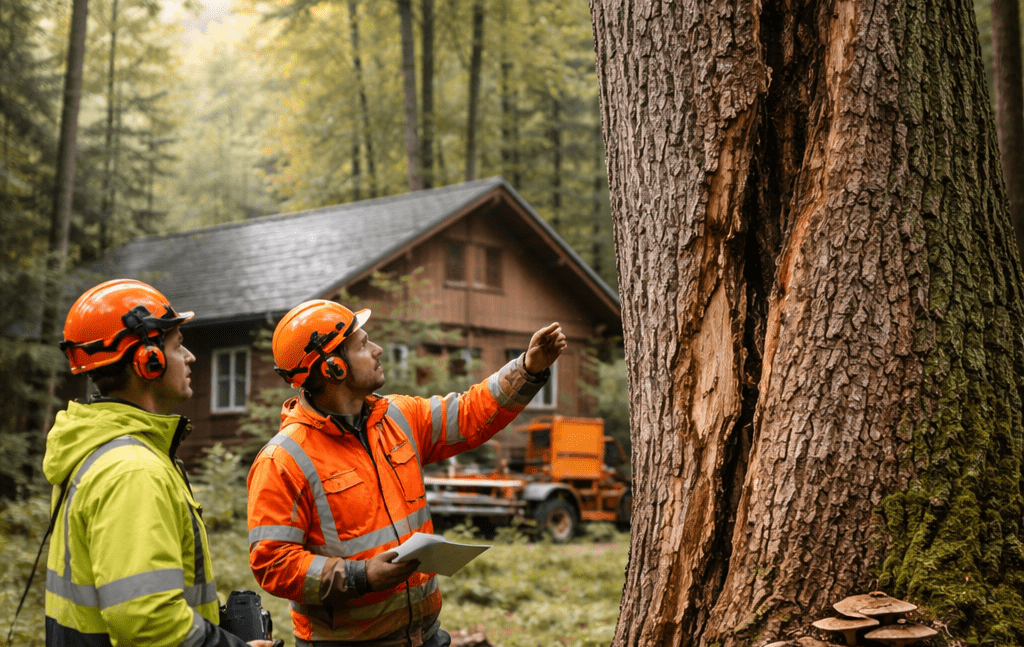 Arboriculteurs inspectant un arbre dangereux fissuré à Eastman près d’une maison en forêt