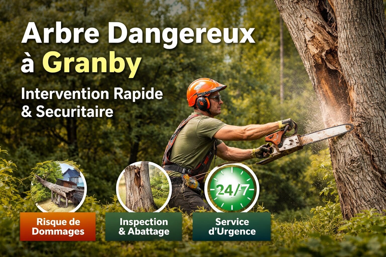 Arbre dangereux à Granby avec tronc fissuré en cours d’abattage par un arboriculteur