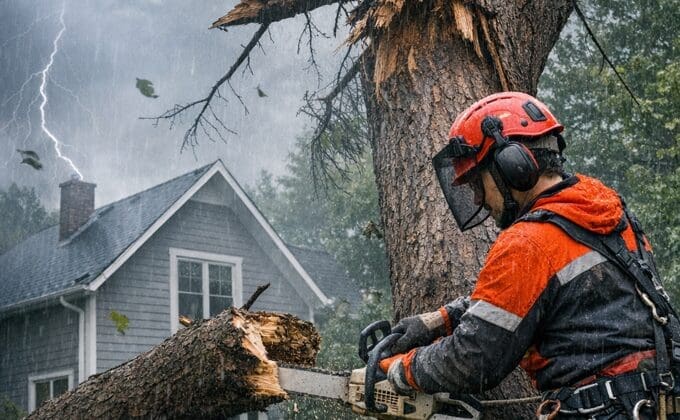 Arboriculteur coupant un arbre dangereux à Lac-Brome près d’une maison après une tempête