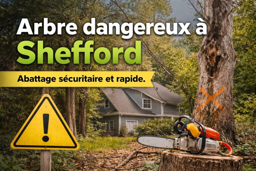 Arbre dangereux à Shefford près d’une maison avec équipement d’abattage sécuritaire
