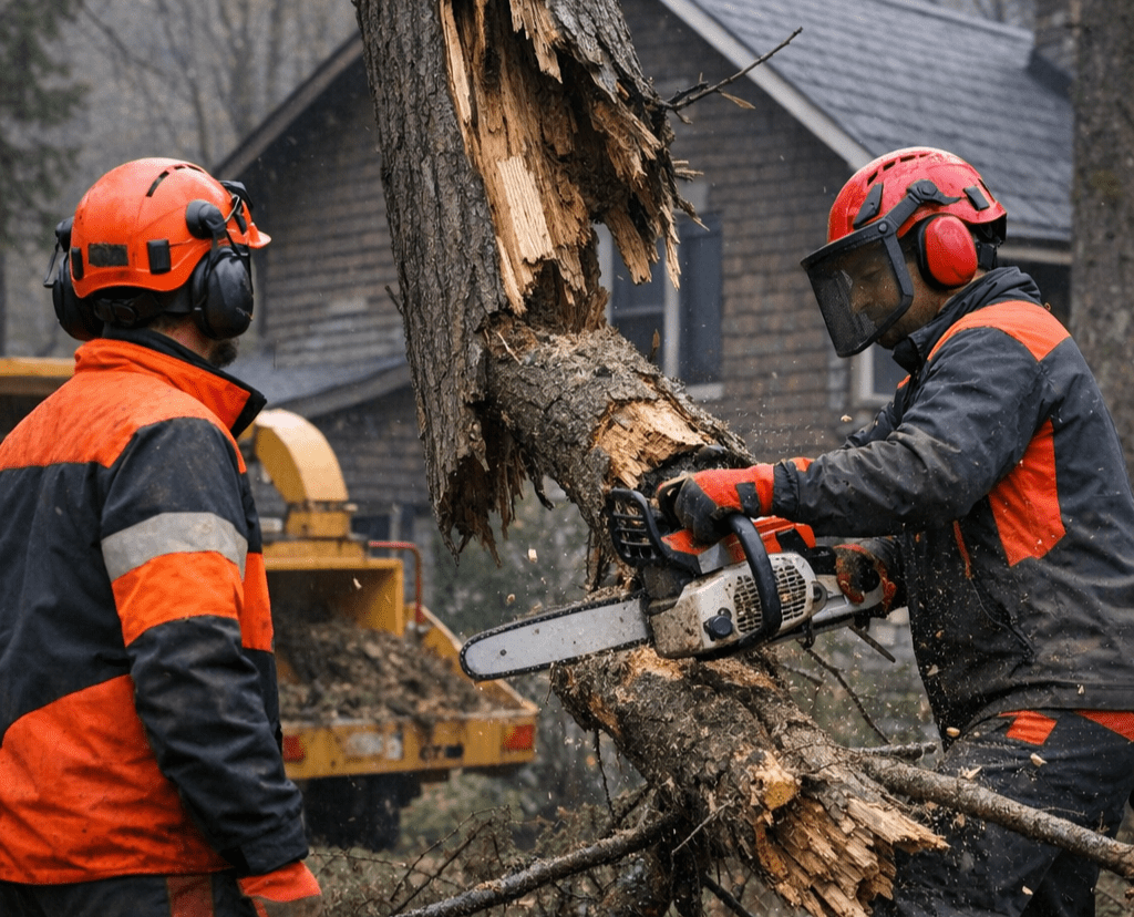 rboriculteurs coupant un arbre dangereux fissuré à Sutton près d’une maison