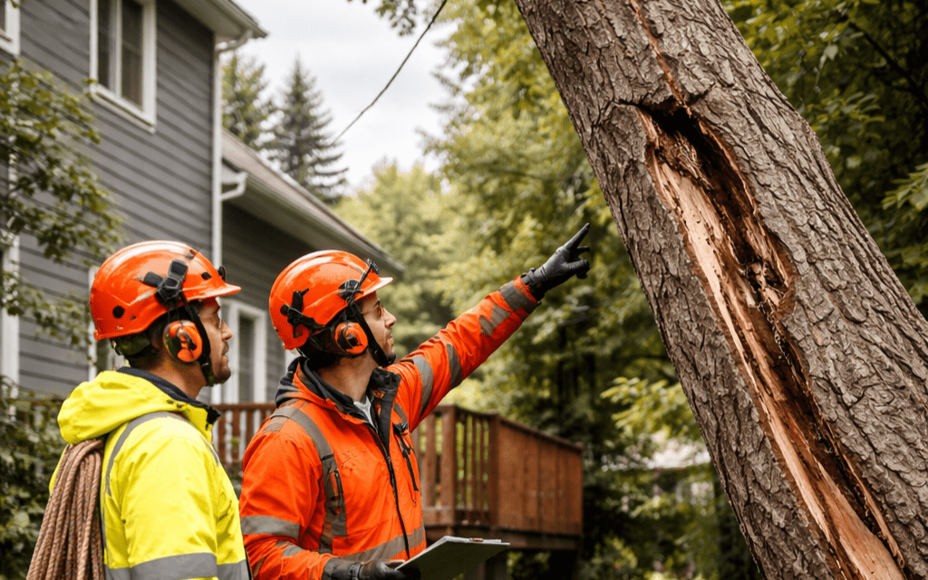 Arboriculteurs inspectant un arbre dangereux incliné à Waterloo près d’une maison