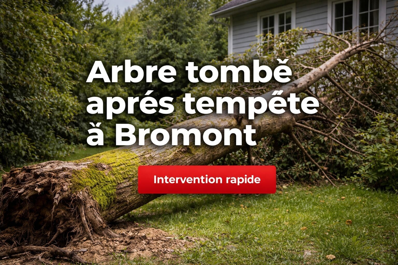 Arbre tombé après tempête à Bromont couché au sol près d’une maison avec racines exposées