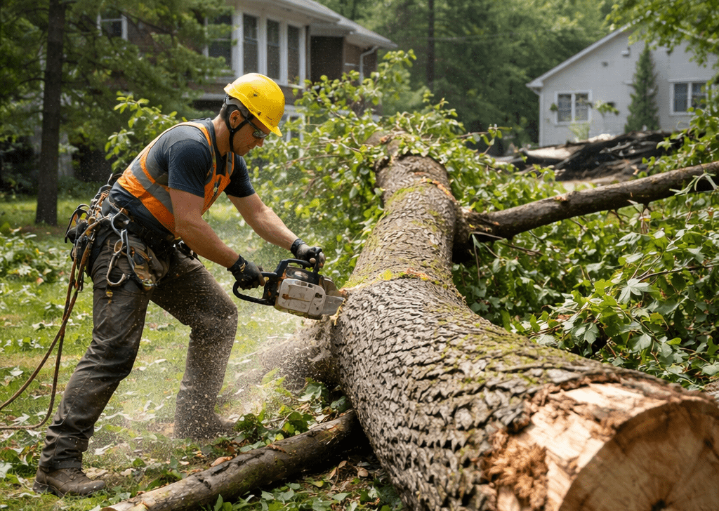 Arbre tombé après une tempête à Cowansville en cours de découpe par un arboriste