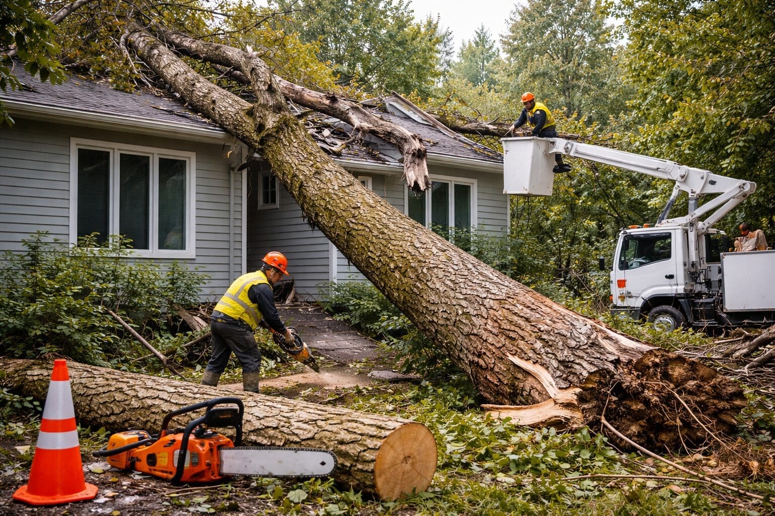 Arbre tombé à Granby après tempête avec arboriculteurs en intervention d’urgence sur une maison