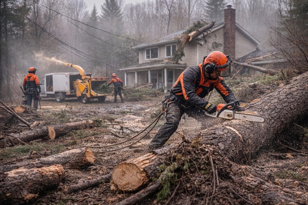 Arboriculteurs intervenant après une tempête à Lac-Brome pour couper un arbre tombé