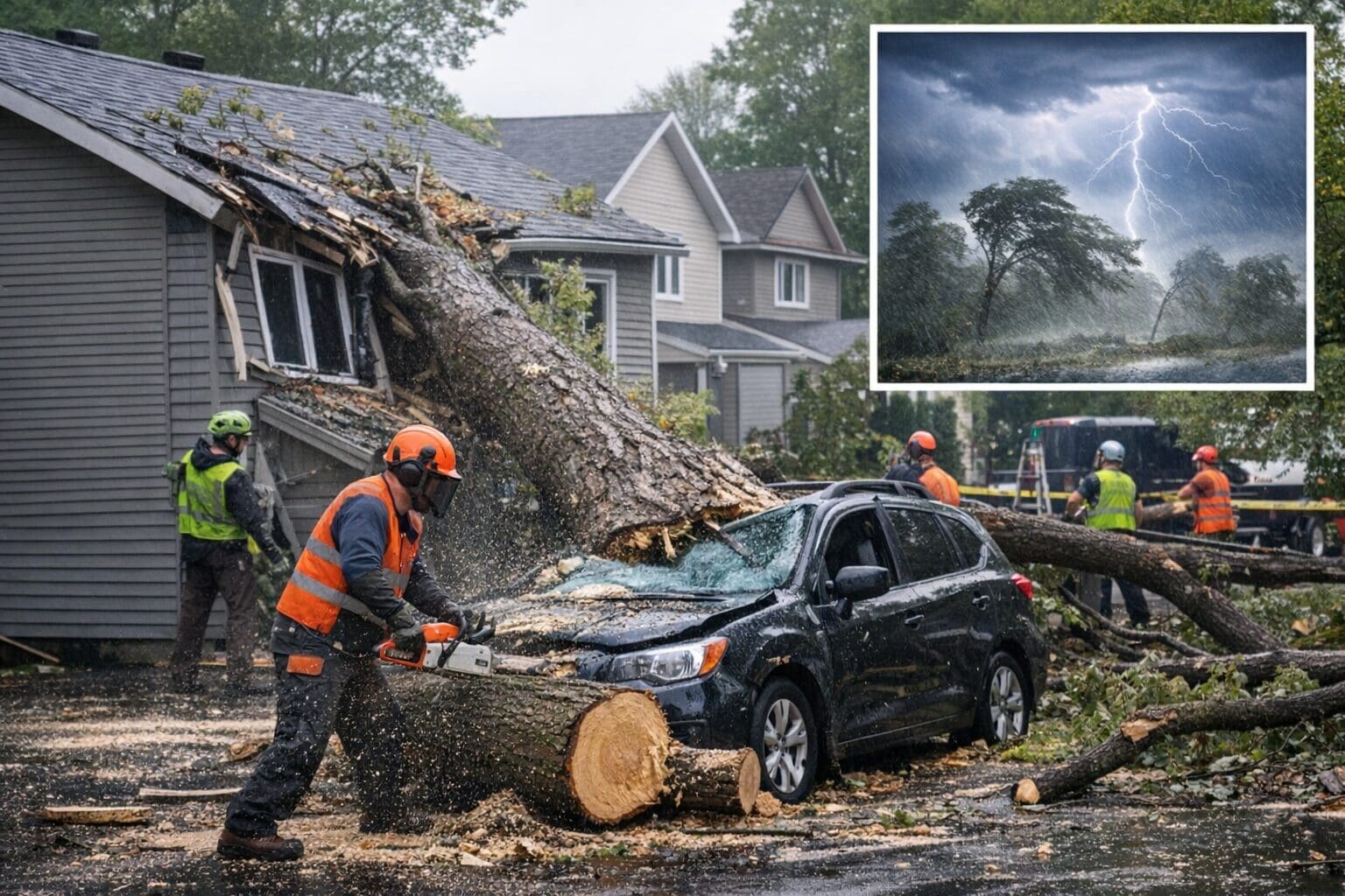 Arboriculteurs coupant un arbre tombé après tempête à Waterloo sur une maison et une voiture