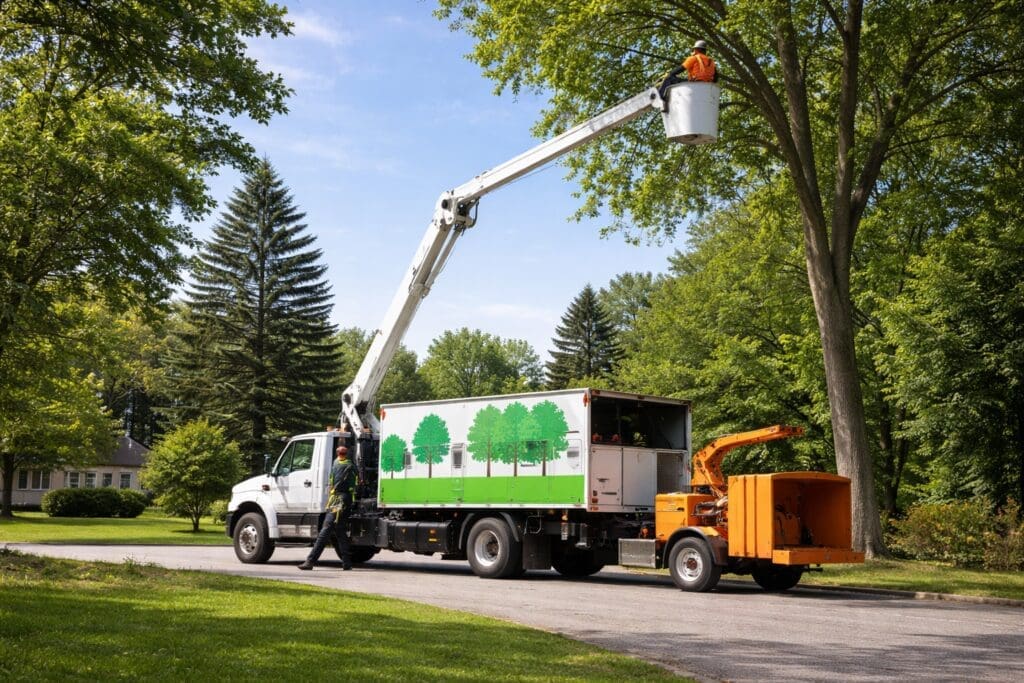 Arboriculteur en nacelle taillant un arbre avec camion nacelle et déchiqueteuse en zone résidentielle