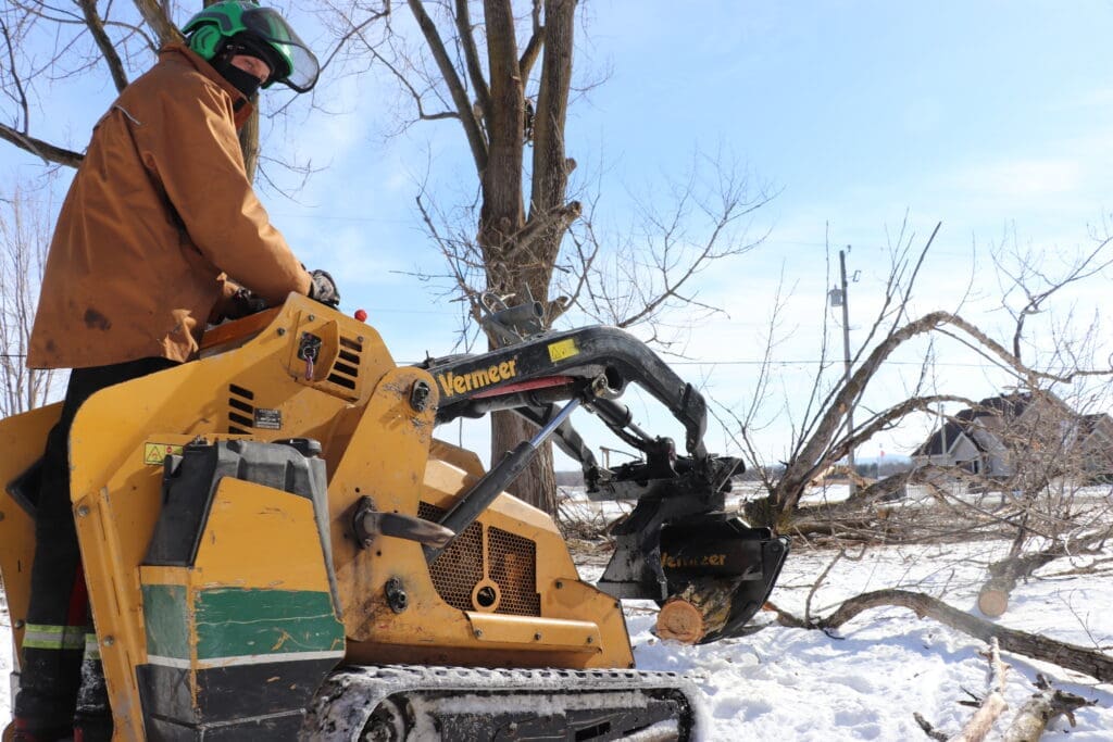 Arboriculteur utilisant une mini-chargeuse Vermeer avec pince pour manipuler des branches après abattage