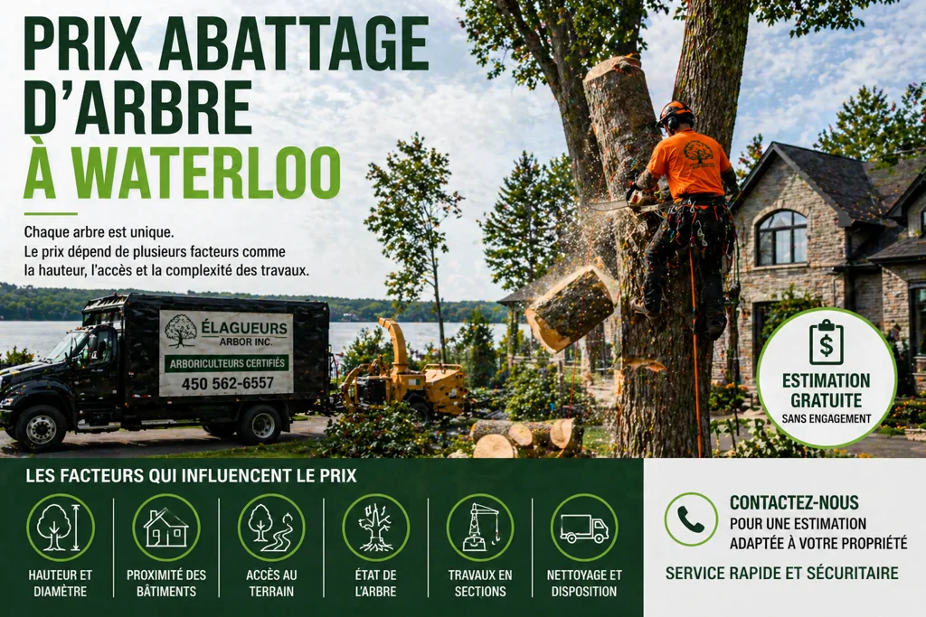 prix abattage d’arbre à Waterloo avec arboriculteur coupant un arbre près d’une maison