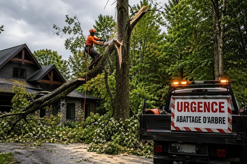 abattage d’arbre en urgence à Eastman près d’une maison après tempête
