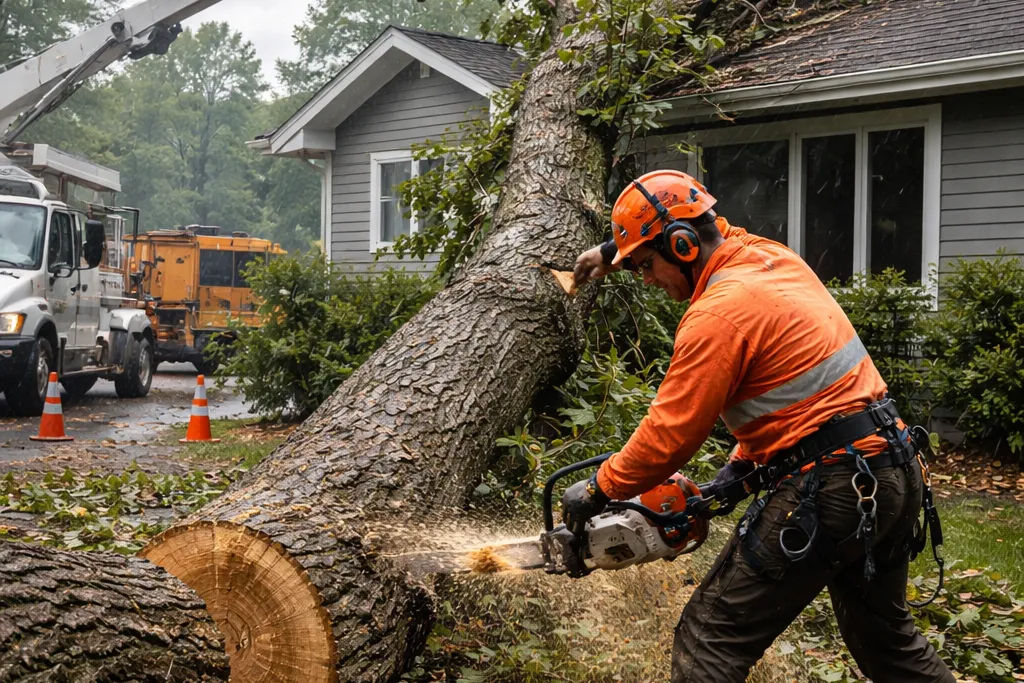 Abattage d’arbres à Granby par un arboriculteur équipé coupant un arbre en hauteur